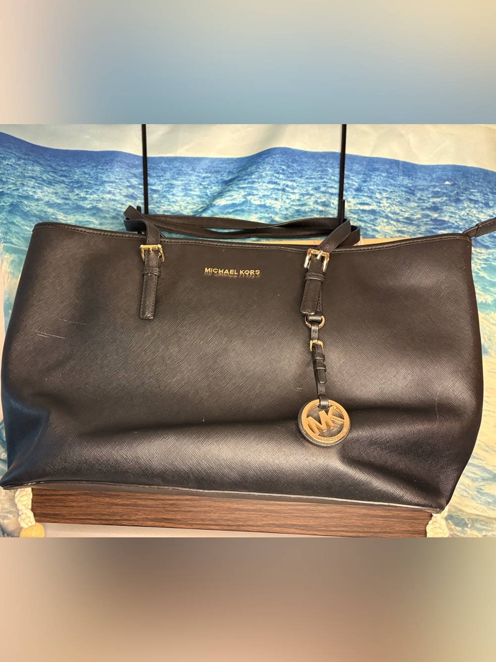 Michael Kors Black Leather Tote with Logo Charm and Gold Accents